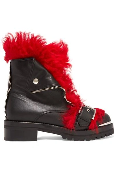 Alexander Mcqueen 40mm Leather Biker Boots W/ Shearling, Black/red In Black