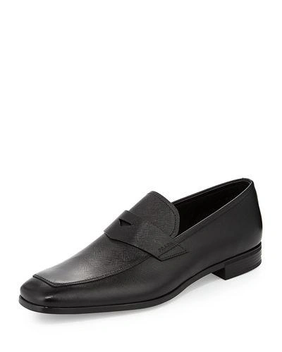 Prada Saffiano Leather Penny Loafers In Black