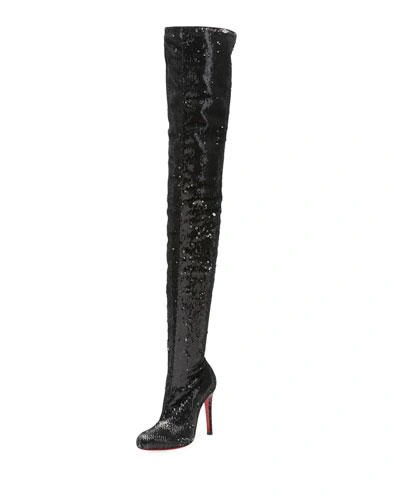 Christian Louboutin Louise 100 Sequined Leather Over-the-knee Boots In Black Silver