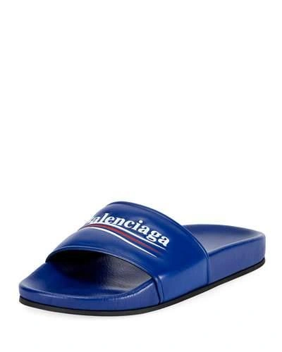 Balenciaga Logo Campaign Flat Pool Slide Sandal, Bleu Ocean In Blue