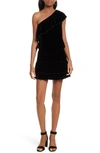 Joie One-shoulder Ruffled Velvet Mini Dress In Caviar