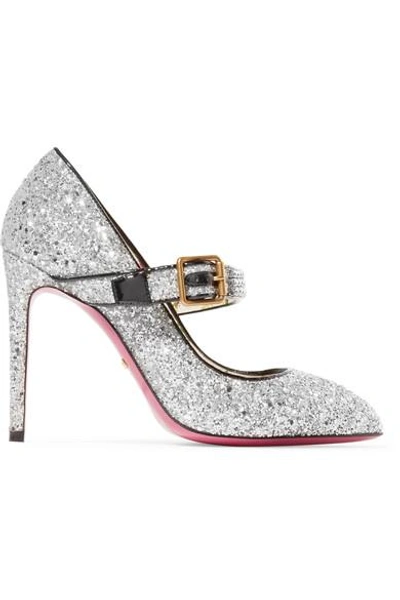 Gucci Sylvie Crystal-embellished Glittered Leather Pumps In Argento Silver
