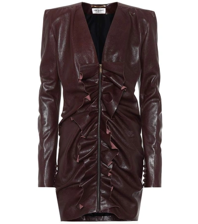 Saint Laurent Ruffled-panel Leather Mini Dress In Brown