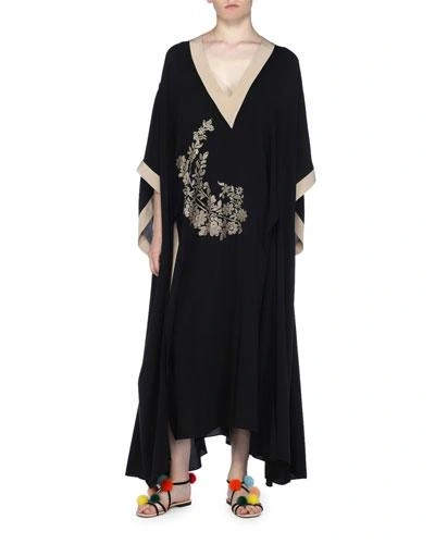 Fendi Long Floral-embroidered Caftan Dress In Black Pattern