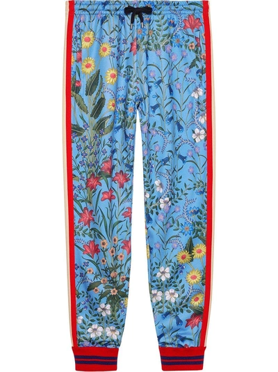 Gucci New Flora Print Jersey Track Pants In Blue / Red