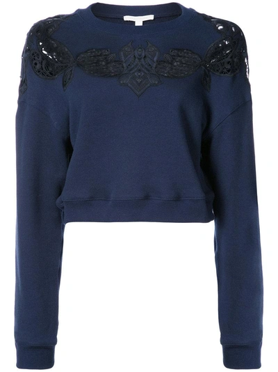Jonathan Simkhai Lace Embroidery Crop Sweatshirt In Navy Black