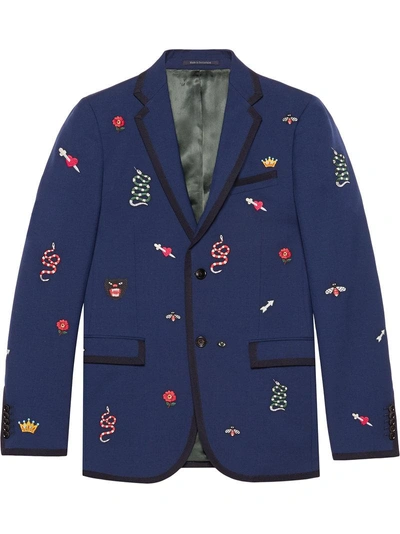 Gucci Navy Slim-fit Embroidered Wool And Mohair-blend Twill Suit Jacket In Blue