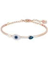 SWAROVSKI ROSE GOLD-TONE CLEAR AND BLUE CRYSTAL EVIL EYE ADJUSTABLE BANGLE BRACELET