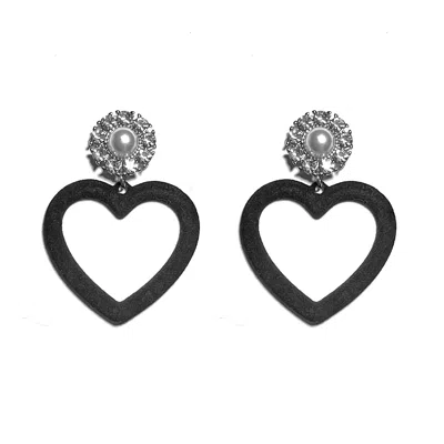 9design Women's Black Crystal And Velvet Flocked Heart Drop Statement Earrings