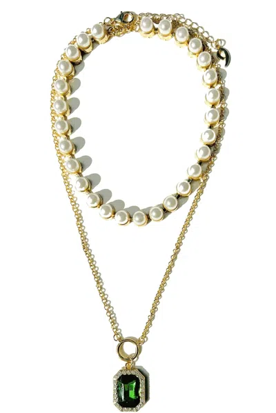 9design Women's Crystal Emerald Pendant Necklace With Pearl Choker- Two Piece Set