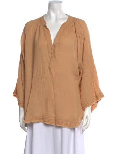 Pre-owned 9seed V-neck Three-quarter Sleeve Blouse In Brown/neutrals