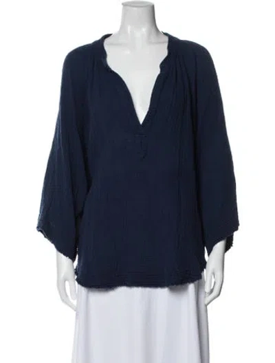 Pre-owned 9seed V-neck Three-quarter Sleeve Top In Blue