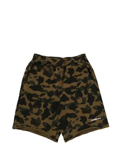 A Bathing Ape 1st Camo Heavy Washed Relaxed-fit Raw-edge Cotton Shorts In Green