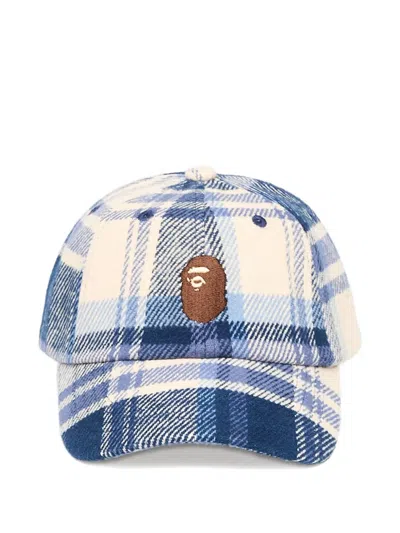 A Bathing Ape Ape Head Check-pattern Cap In Blue