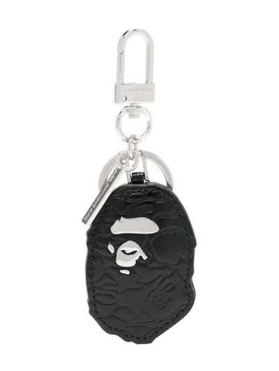 A Bathing Ape Ape Head Leather Keychain In Black