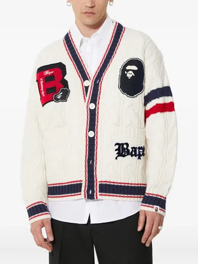 A Bathing Ape Cable-knit Varsity Cardigan In Neutral