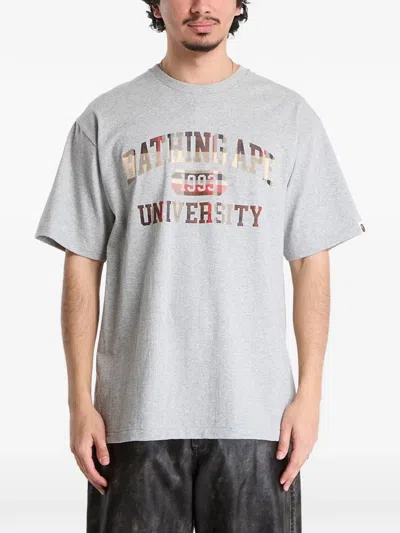 A Bathing Ape Check Logo T-shirt In Gray