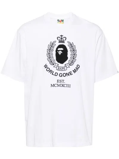 A Bathing Ape Crest College Logo Relaxed Fit Tee In White