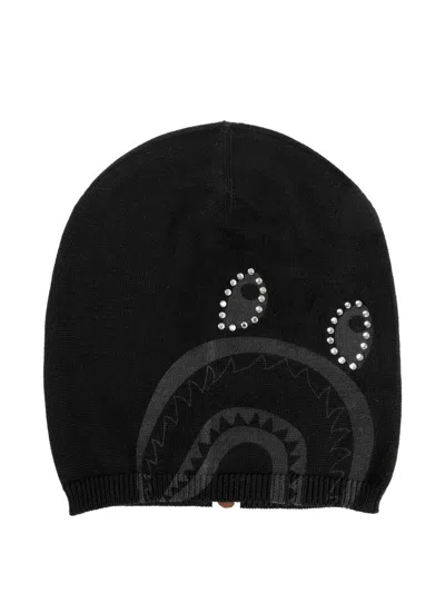 A Bathing Ape Crystal Shark Fine-knit Beanie Hat In Black