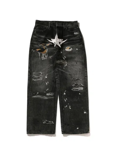 A Bathing Ape Distressed Star-print Jeans In Black