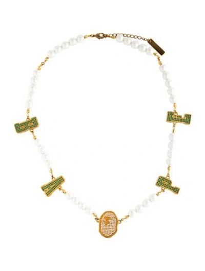 Pre-owned A Bathing Ape Faux Pearl & Crystal Station Necklace, 22" In Green/white