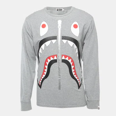 Pre-owned A Bathing Ape Grey Shark Print Cotton Crew Neck Long Sleeve T-shirt L