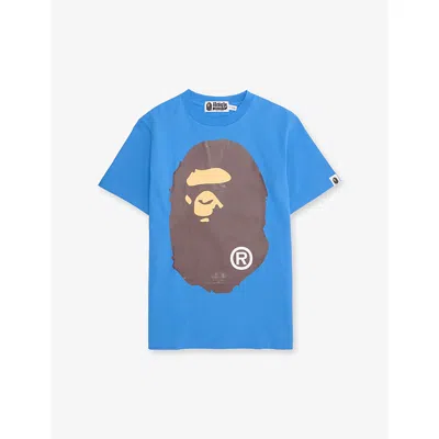 A Bathing Ape Kids' Head Printed Cotton T-shirt 10-13 Years Blu In Blue