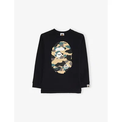 A Bathing Ape Kids' Lack/ Yellow Branded-print Long-sleeved Cotton-jersey T-shirt 2-12 In Black
