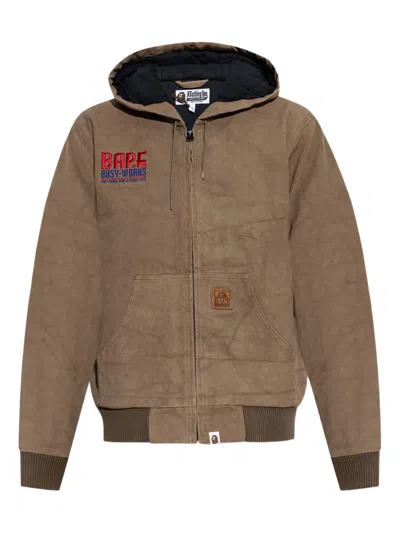 A Bathing Ape Logo-embroidered Hooded Jacket In Brown