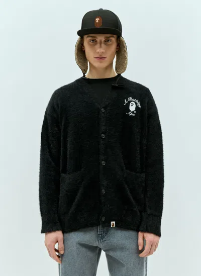 A Bathing Ape Logo Embroidery Shaggy-knit Cardigan In Black