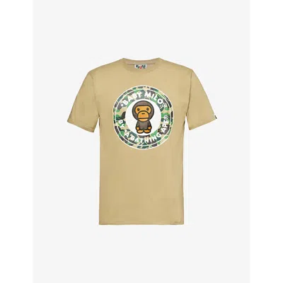 A Bathing Ape Mens Beige X Green Baby Milo Graphic-print Cotton-jersey T-shirt