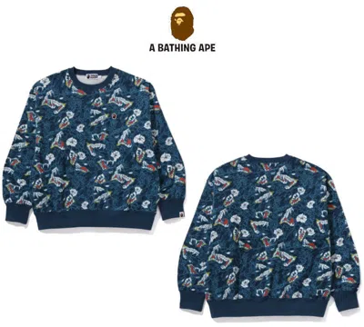 Pre-owned A Bathing Ape Men's Relaxed Fit Crew Neck Sweatshirt 2024 Japanese Tattoo Camo In Blue