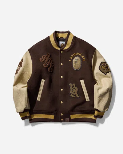 A Bathing Ape Men S Line Camo Multi Logo Wool Varsity Jacket In Brown