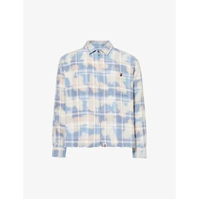 A Bathing Ape Mens Sax Checked Abstract-pattern Cotton Shirt