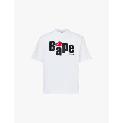 A Bathing Ape Mens White Terry-heart-branding Crew-neck Relaxed-fit Cotton-jersey T-shirt