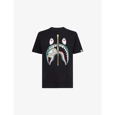 A Bathing Ape Mens Black , Green Camo Camo Milo Shark Graphic-print Cotton T-shirt