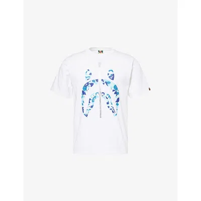 A Bathing Ape Mens White And Blue Camo Shark-print Cotton T-shirt