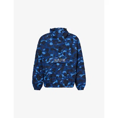 A Bathing Ape Mens Navy Camo-print Hooded Shell Jacket In Blue