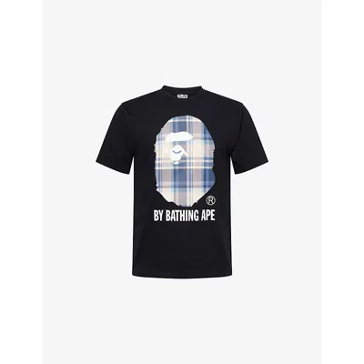 A Bathing Ape Mens Black X Blue Checked Graphic-print Short-sleeve Cotton T-shirt