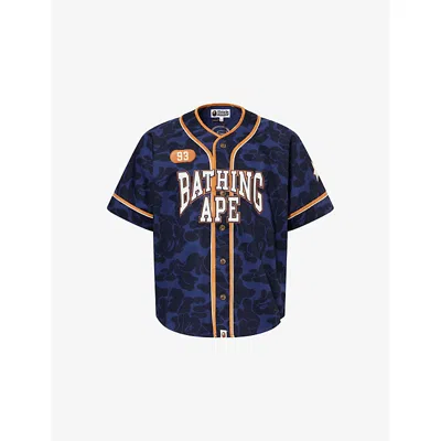 A Bathing Ape Mens Navy Logo-embroidered Camo-print Cotton Baseball Shirt In Blue