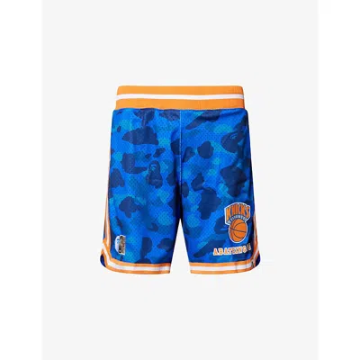 A Bathing Ape Mens Blue Nba Knicks Logo-embroidered Mesh Shorts