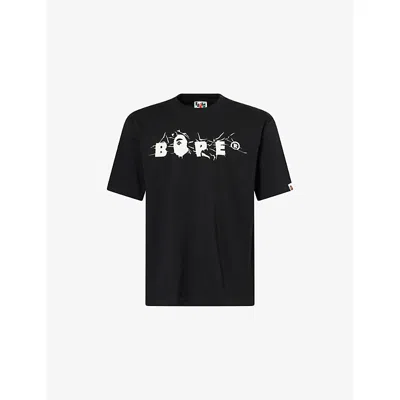 A BATHING APE MENS BLACK BAPE WRINKLE BAPE LOGO GRAPHIC-PRINT COTTON T-SHIRT