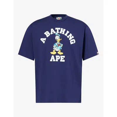 A Bathing Ape Mens Bape X Disney Donald Duck College Cotton T-shirt Navy Xl In Blue