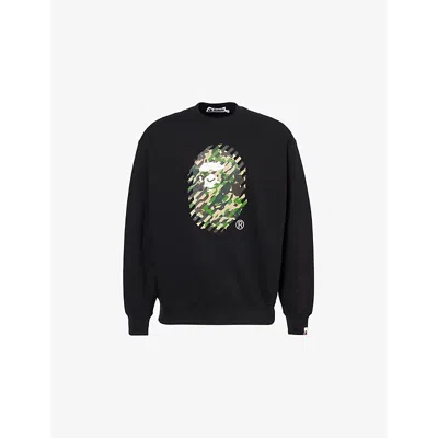 A Bathing Ape Mens Black Crewneck Graphic-print Regular-fit Cotton-blend Sweatshirt Xxl