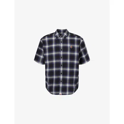 A Bathing Ape Mens Black One Point Plaid-print Cotton-blend Shirt