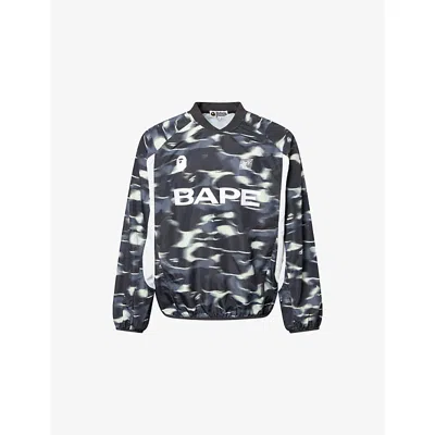 A Bathing Ape Mens Black Screen Camo Long-sleeve Football Woven T-shirt Xl