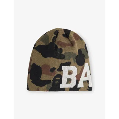 A Bathing Ape Mens Green 1st Camo Brand-print Knitted Beanie
