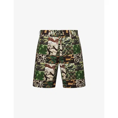 A Bathing Ape Mens Green Camo-print Patchwork Cotton Shorts