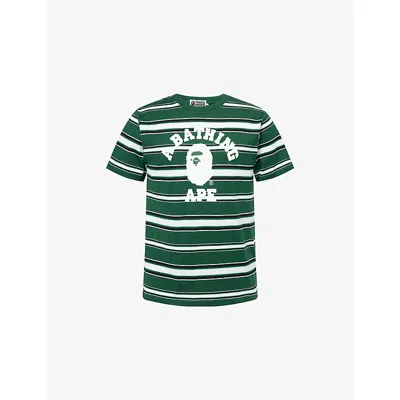 A Bathing Ape Mens Green College Striped-print Cotton-jersey T-shirt