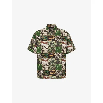 A Bathing Ape Mens Green Patchwork-print Short-sleeve Cotton Shirt In Multi